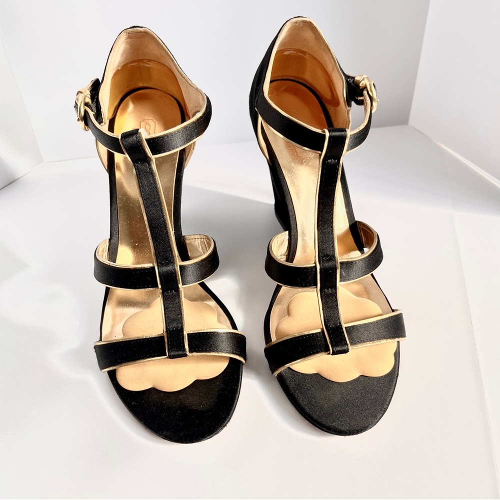 Coach Satin Wedge T-Strap Sandals “Trixy”
